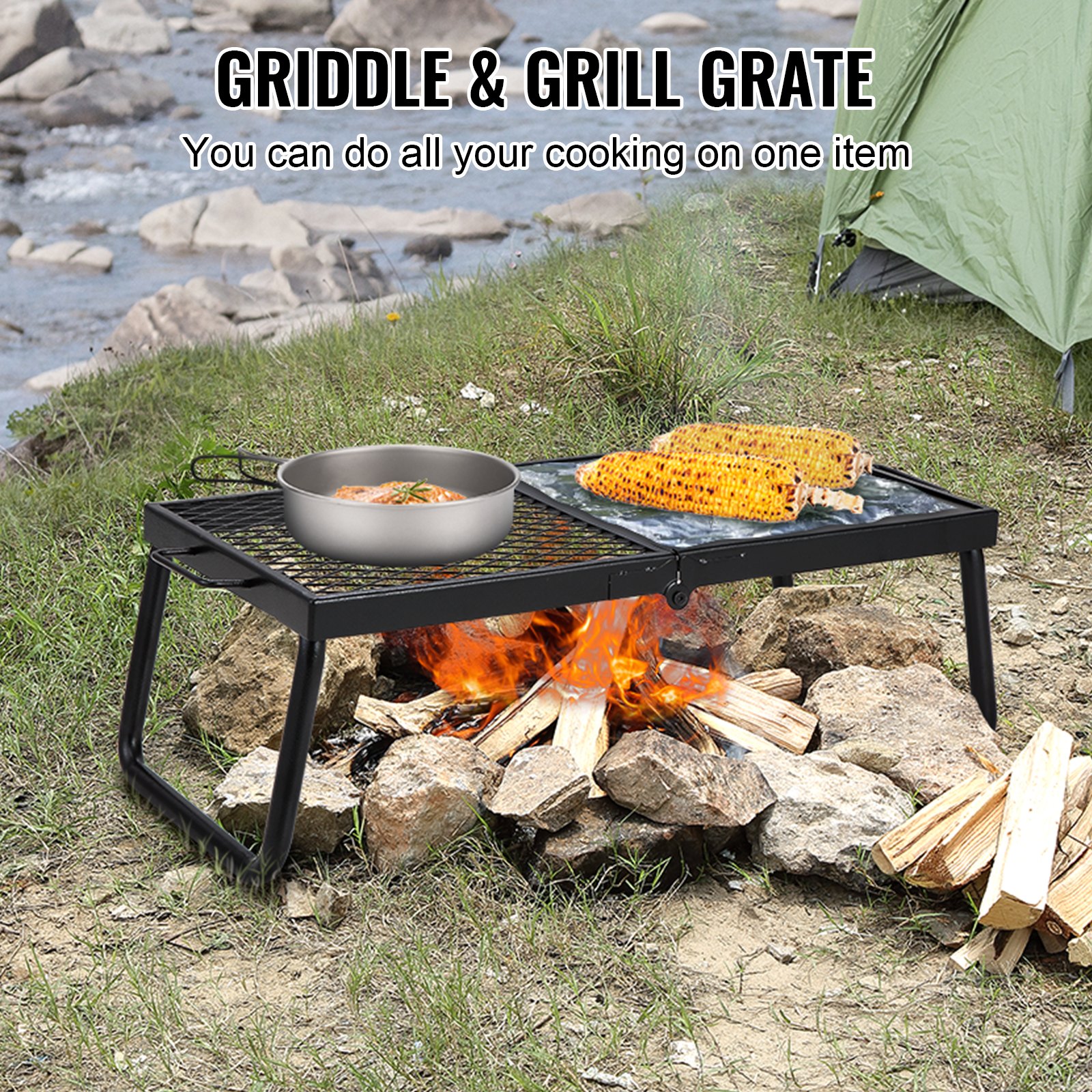 Camping Cooking Over Fire - Folding Campfire Grill, Heavy Duty Steel